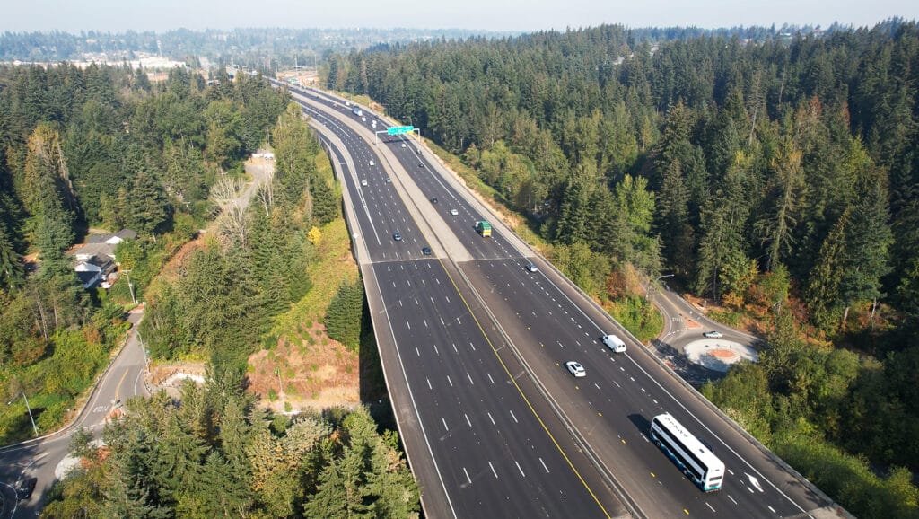 Aerial view of the I-405 corridor, a WSDOT highway paving project