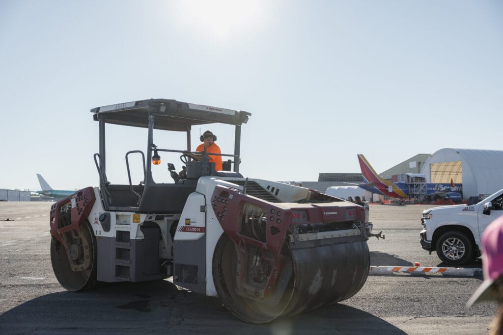 Roller compacting asphalt on the airfield at Paine Field, Everett, WA