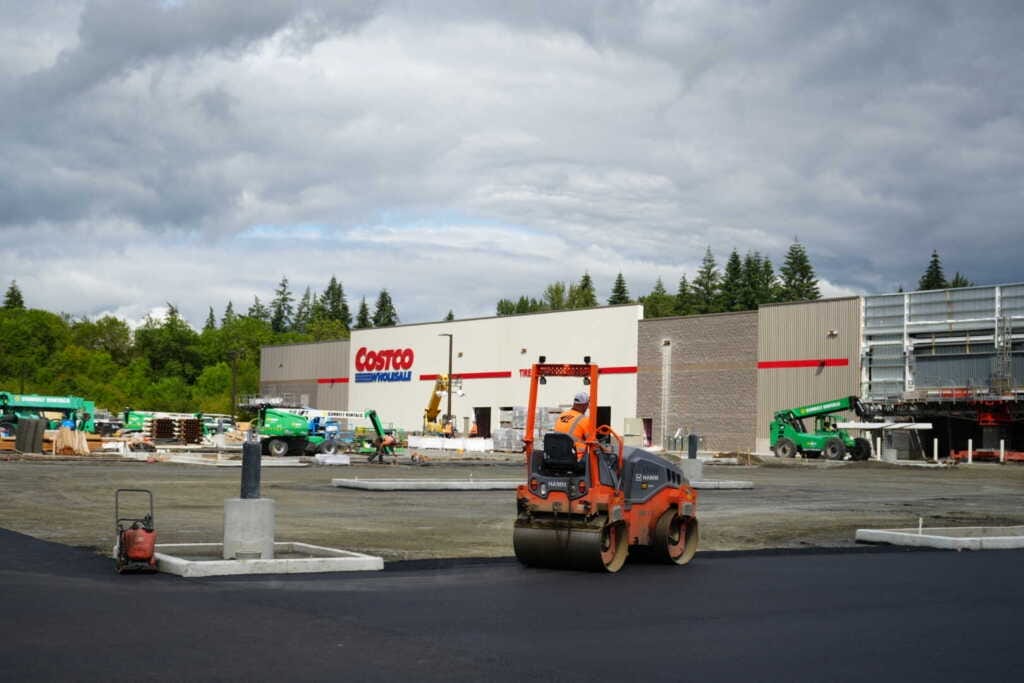 Roller compacting new asphalt at the Ridgefield Costco, Ridgefield, WA